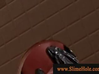 Неприятен любовник в червен носенето handgloves получава slimed